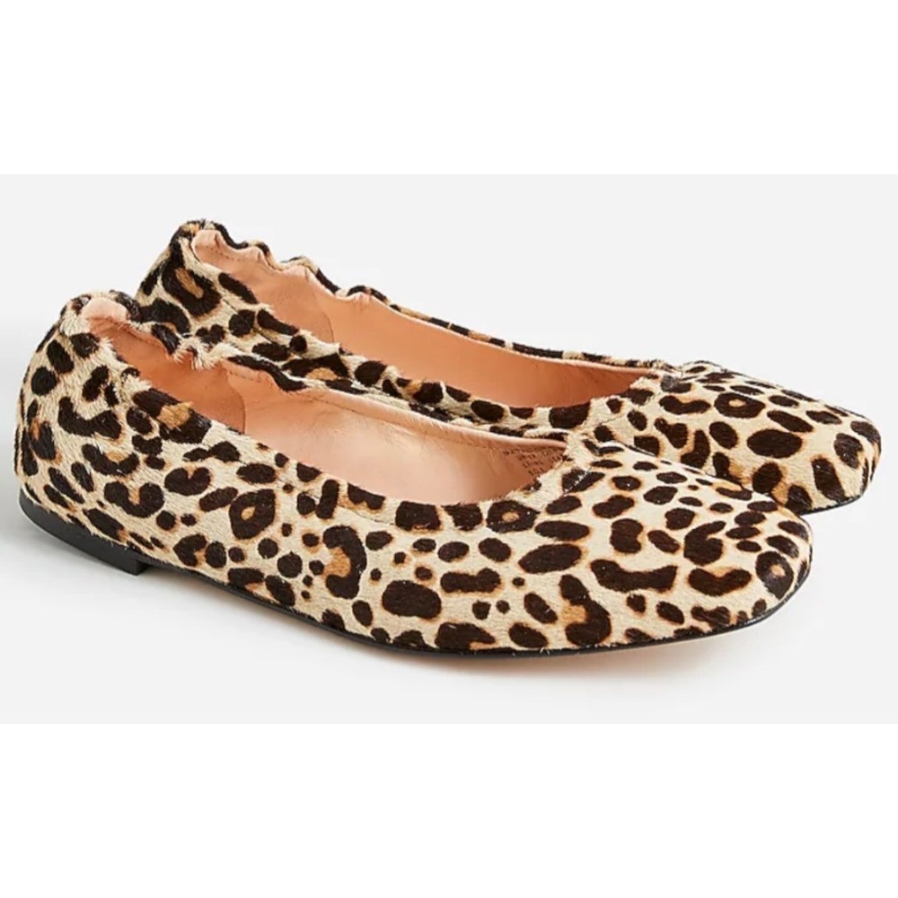 J.Crew Zoe Calf Hair Ballet Flats Leopard Print Square Toe Tan Brown 8
